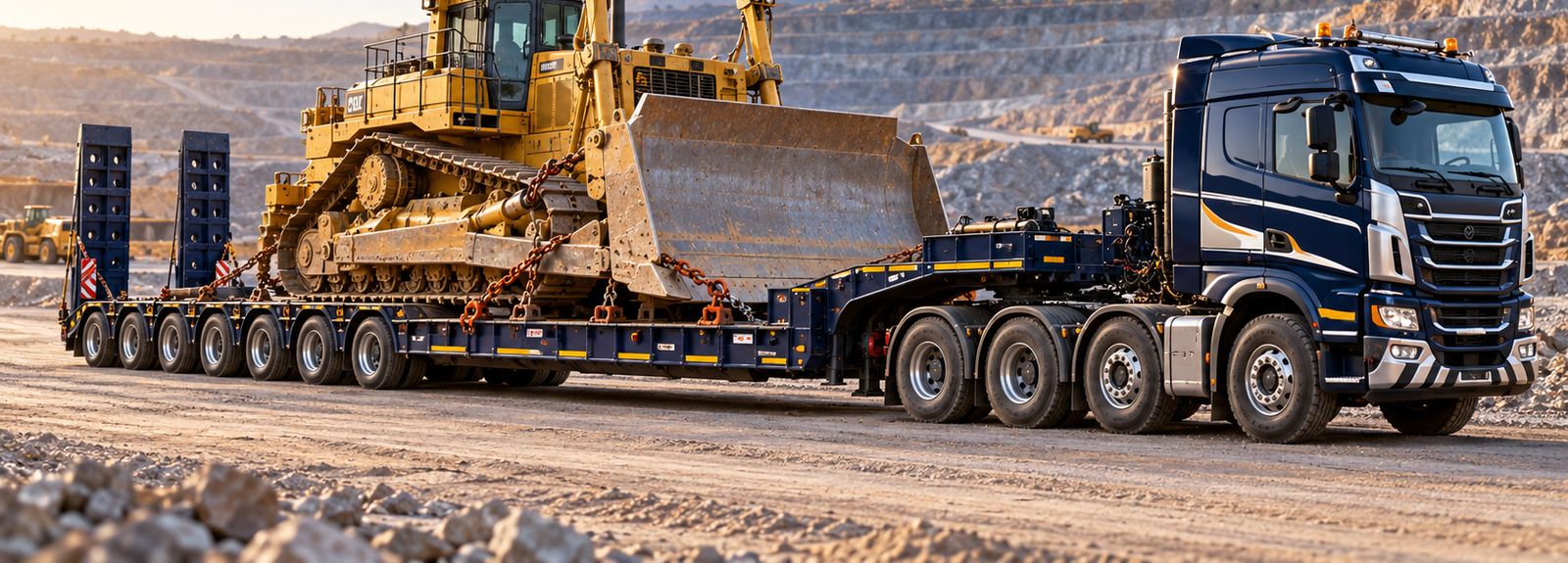 Bulldozer on a low-bed trailer at a mine