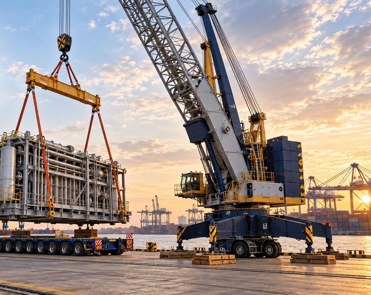 Crane lifting a large industrial module at a port