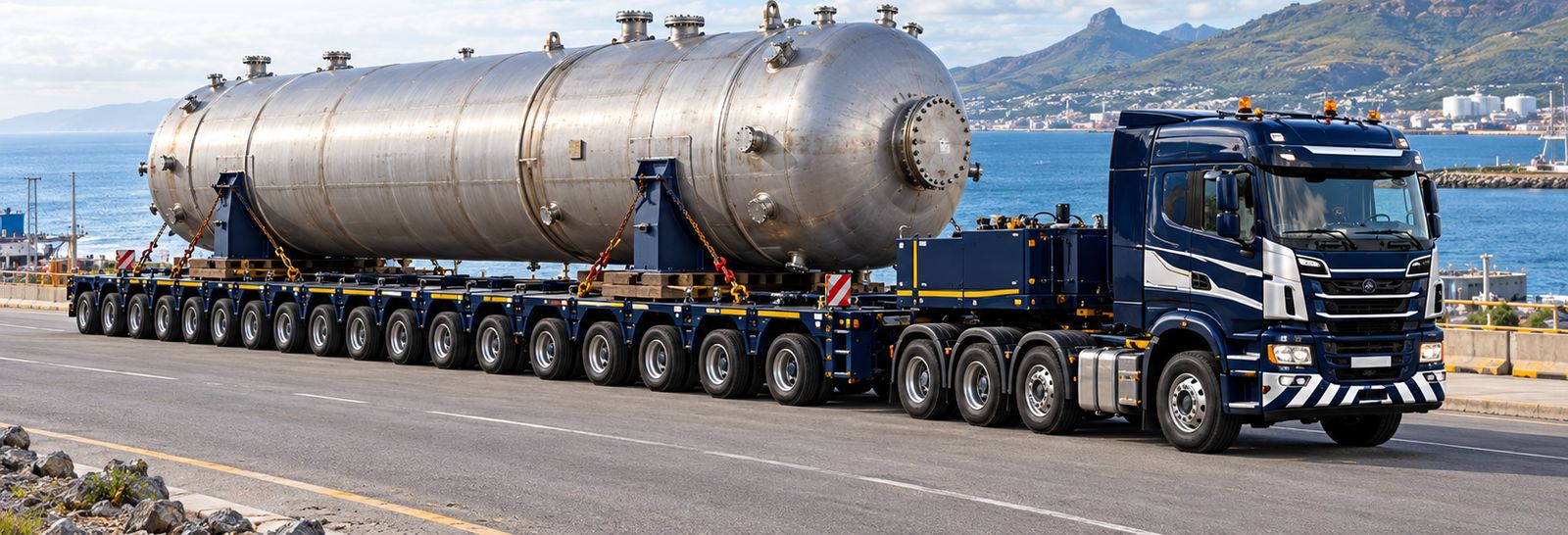 Pressure vessel on a heavy haulage trailer